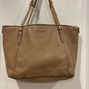 Coach Beige-Tan Pebble Leather Tote with Gold Chain Handles